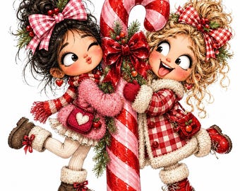 May include: Two cartoon characters with large eyes and curly hair hug a giant red and white striped candy cane. They wear winter clothing including plaid bows, red and white checkered coats, and boots. The scene features festive greenery and berries.