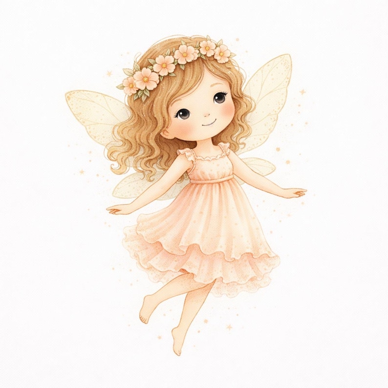 Puede incluir: Ilustraci&oacute;n de una hada con cabello rubio rizado, vestida con un vestido color melocot&oacute;n y una corona de flores. El hada tiene ojos grandes y alas delicadas y transl&uacute;cidas. Peque&ntilde;as estrellas est&aacute;n dispersas alrededor del hada, creando un efecto m&aacute;gico.