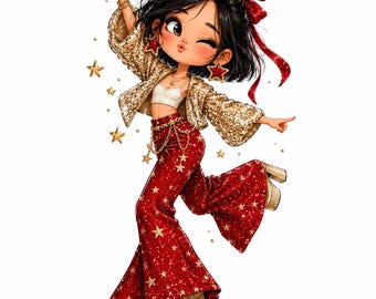 May include: A cartoon character with black hair and a red bow, wearing a gold sequined jacket, white crop top, and red flared pants with gold star patterns. The character has star-shaped earrings, a gold chain belt, and gold platform heels.