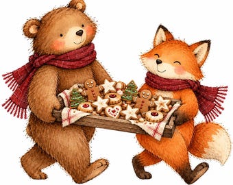 May include: A brown bear and an orange fox wearing matching red plaid scarves carry a wooden tray filled with assorted holiday cookies, including gingerbread men, star-shaped sugar cookies, and small decorated Christmas tree biscuits.