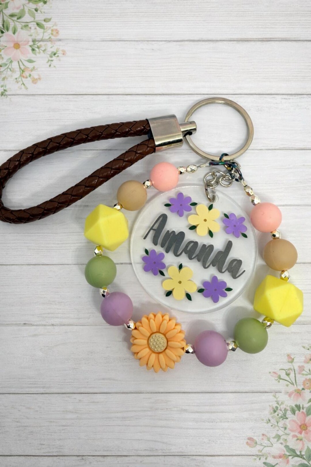 Personalized Floral Name Keychain With Hand Strap - Etsy