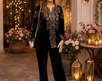 Elegant Black Velvet Embroidered Co-Ord Set with Floral Thread Work for Festive Party Wear Look