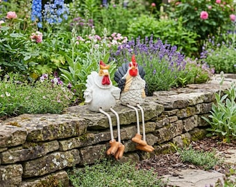 2 gallinas con patas colgantes – Divertidas estatuas de gallinas colgantes – Decoración de gallinas con patas colgantes – Adornos de resina para vallas de jardín