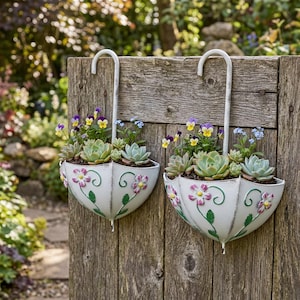 Może przedstawiać: Dwie białe, metalowe donice w kształcie parasola z postarzanym wykończeniem, wypełnione sukulentami i kolorowymi bratkami. Donice zdobione są różowymi i zielonymi wzorami kwiatowymi i wiszą na drewnianym płocie.