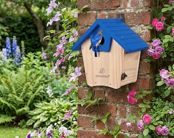 Casita de pájaros de madera con techo azul – Nido colgante para pájaros de jardín – Refugio para pájaros al aire libre – Casita de pájaros de madera natural