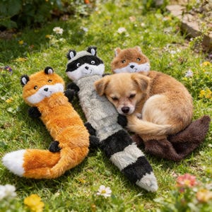 May include: A small tan dog rests amongst three plush toys of a fox, a raccoon, and a fox, on a bed of green grass. The fox toys are orange with white tails. The raccoon toy is grey and black. The dog is curled up.