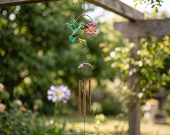 Hummingbird Wind Chime – Hanging Bird and Flower Garden Chime – Outdoor Metal Wind Chimes – Patio, Porch & Balcony Decor