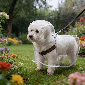 Könnte beinhalten: Ein kleiner weißer Hund trägt einen durchsichtigen Regenmantel mit Kapuze und ein schwarz-rotes Geschirr. Der Hund ist an der Leine und steht in einem Garten mit bunten Blumen und grünem Gras.