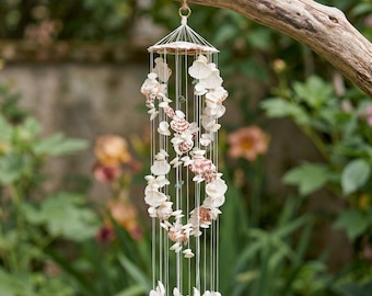 Campanillas de viento de conchas marinas – 19 campanillas colgantes de conchas – Decoración costera playera – Decoración bohemia para patio y jardín