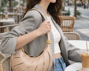 Vegan Leather Crescent Shoulder Bag for Women | Designer Hobo Purse | Trendy Minimalist Handbag