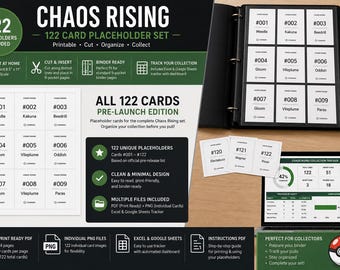 Chaos Rising Binder Prep System | 122 Printable Placeholder Cards + Tracker Spreadsheet | Pokémon TCG Binder Organizer