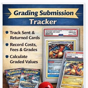 May include: A promotional image for a grading submission tracker. The image features a blue and gold banner with the text "Grading Submission Tracker." Below are bullet points: "Track Sent & Returned Cards," "Record Costs, Fees & Grades," and "Calculate Graded Values." Several graded trading cards and unopened packs are also visible.