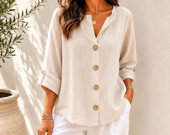 Women's Linen Blend V Neck Blouse, Loose Summer Shirt, Oversized Button Top, Casual Office Wear, Minimalist Neutral Clothing