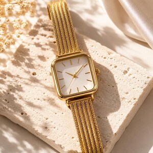 Vintage Gold Watch for Women, Small Square Dial Watch, Minimalist Stainless Steel Bracelet Watch, Elegant Gift for Her
