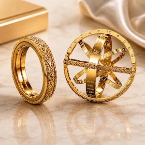 May include: A gold-toned ring featuring an intricate lattice pattern alongside a spherical armillary sphere ring that unfolds into a globe. The sphere displays engraved Roman numerals and the text May you be safe and free.
