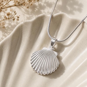 Peut inclure: Un collier argenté doté d'un pendentif en forme de coquille Saint-Jacques avec des stries radiales détaillées. Le pendentif est fixé à une chaîne serpent ronde et lisse, créant un aspect métallique cohérent qui reflète la lumière.