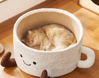 Cama para gatos con forma de donut, hecha a mano con piel sintética, nido acogedor para gatitos y perros pequeños.