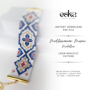 May include: A white loom bracelet with a blue, red, and gold mosaic pattern. The bracelet has gold-coloured end caps. The image includes text that reads "eska BEADING PATTERNS", "Mediterranean Mosaic Medallion", and "LOOM BRACELET PATTERN". The bracelet is 2.9cm wide and 13.8cm long.