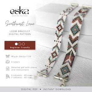 May include: Two loom bracelets featuring a geometric pattern in white, teal, and copper beads. The text reads eska BEADING PATTERNS, Southwest Luxe, LOOM BRACELET DIGITAL PATTERN, Beginner friendly, Miyuki Delica 11/0, 6 colours, Detailed pdf with charts and instructions, 9 columns - 85 rows, 7 columns - 85 rows, DIGITAL PDF, INSTANT DOWNLOAD.
