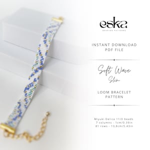 May include: A beaded loom bracelet with a white, blue, and gold wave pattern. The bracelet is shown on a white surface. The image includes text that reads "eska BEADING PATTERNS", "INSTANT DOWNLOAD PDF FILE", "Soft Wave Slim", and "LOOM BRACELET PATTERN".