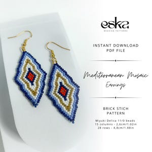 May include: A pair of handmade, beaded earrings with a diamond shape. The earrings feature a mosaic pattern in blue, white, gold, and red. The text on the image says "Mediterranean Mosaic Earrings" and "Brick Stich Pattern".