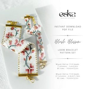 May include: A loom bracelet pattern set with a floral design. The bracelets are white with red and green floral patterns, gold-colored hardware, and the text "Blush Blossom". The image also includes the text "Instant Download PDF File".