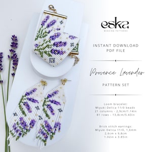 May include: A beaded loom bracelet and a pair of brick stitch earrings featuring a lavender floral pattern in purple, green, and white Miyuki Delica 11/0 beads. The text reads eska, Instant Download PDF File, Provence Lavender Pattern Set.
