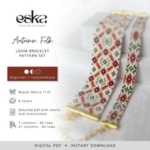 May include: A digital PDF pattern set for two loom bracelets titled Autumn Folk. The design features geometric patterns in cream, red, green, and gold beads. Includes instructions for 7 and 21 columns, 83 rows, using Miyuki Delica 11/0 beads.