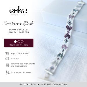 May include: A digital loom bracelet pattern titled Cranberry Blush by eska Beading Patterns. The design features a white background with repeating geometric shapes in cranberry, mauve, and sage green. Includes 5 colors, 7 columns, 83 rows.
