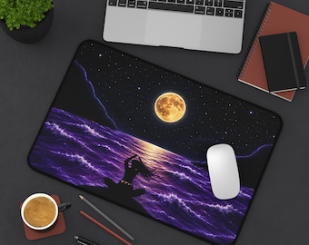 Moonlit Mermaid Silhouette Desk Mat | Purple Ocean Nightscape