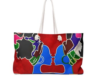 Colorful Afrocentric Couple Artwork Weekender | Bold Abstract Faces Tote