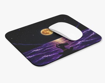 Moonlit Mermaid Silhouette Mouse Pad | Purple Ocean Night