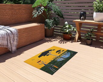 African Safari Landscape Outdoor Rug | Acacia Tree, Watering Hole, Wildlife Scene