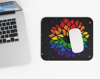 Rainbow Floral Sunburst Mouse Pad | Space Background
