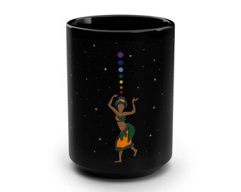 Chakra Dancer Black Mug | 15oz Ceramic Mug, Spiritual Energy Design