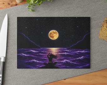 Moonlit Mermaid Glass Cutting Board | Purple Ocean Nightscape
