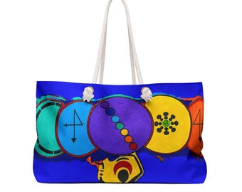 Colorful Symbol Circles Weekender Bag | Bold Blue Travel Tote