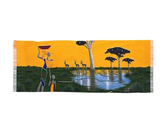 African Savannah Scene scarf | Sunset landscape, acacia trees, animals