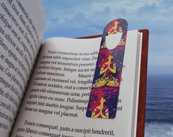 Golden Meditating Figure Bookmark | Galaxy Background, Metal Corner Page Marker