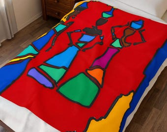 African Women Art Velveteen Plush Blanket | Colorful Tribal Silhouette Throw