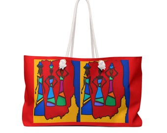 Abstract African Women Artwork Weekender | Colorful Travel Bag, Bold Red Print