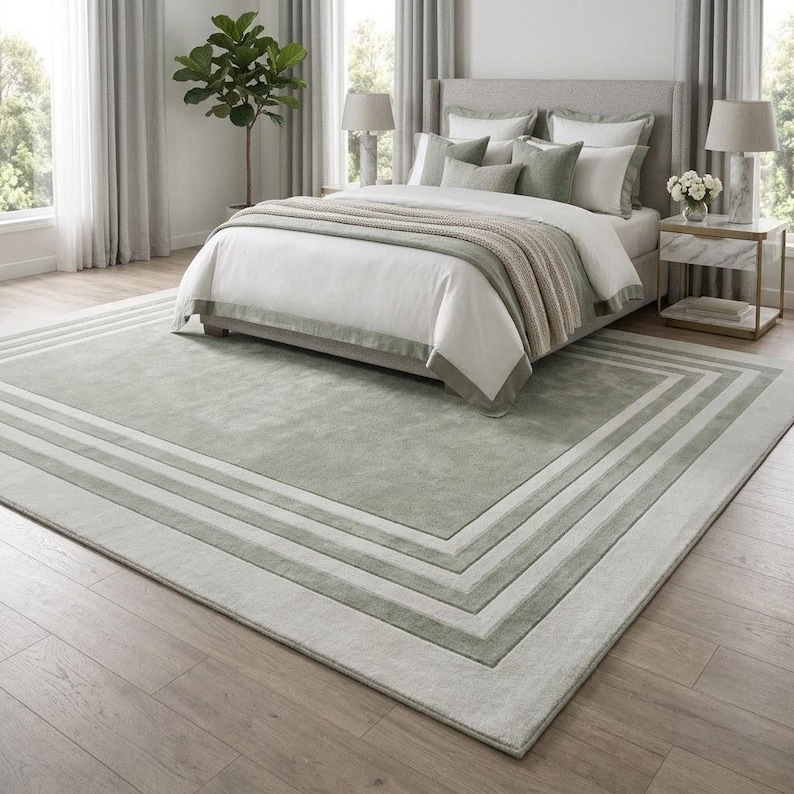 Puede incluir: Una alfombra rectangular grande con un panel central de color verde salvia s&oacute;lido, enmarcado por m&uacute;ltiples bordes conc&eacute;ntricos en varios tonos de gris claro y verde salvia, creando un efecto geom&eacute;trico superpuesto.