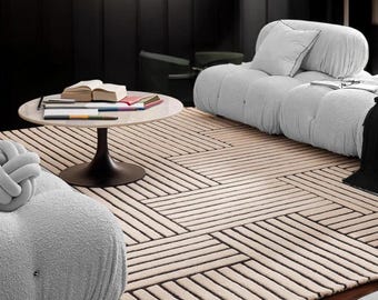 Alfombra geométrica moderna, alfombra de lana tejida a mano, alfombra neutra beige y negra, alfombra minimalista para sala de estar.