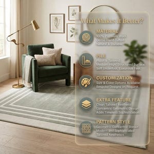 Puede incluir: Una alfombra rectangular con un centro verde salvia y un borde geom&eacute;trico conc&eacute;ntrico en tonos m&aacute;s claros. La alfombra se muestra en una habitaci&oacute;n con un sill&oacute;n verde oscuro, una l&aacute;mpara de pie y texto superpuesto detallando caracter&iacute;sticas.