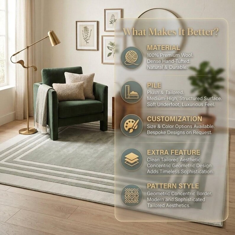 Puede incluir: Una alfombra rectangular con un centro verde salvia y un borde geom&eacute;trico conc&eacute;ntrico en tonos m&aacute;s claros. La alfombra se muestra en una habitaci&oacute;n con un sill&oacute;n verde oscuro, una l&aacute;mpara de pie y texto superpuesto detallando caracter&iacute;sticas.