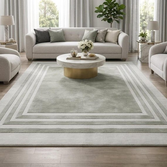 Handtufted ivory Area Rug, Modern Border Carpet, Neutral Minimalist Rug, Luxury Living Room & Dining Room Rug, Custom Size Rug