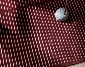 Alfombra de área a rayas burdeos, alfombra minimalista moderna, alfombra de lana tejida a mano, alfombra contemporánea para sala de estar, alfombra con estampado de la línea de lujo