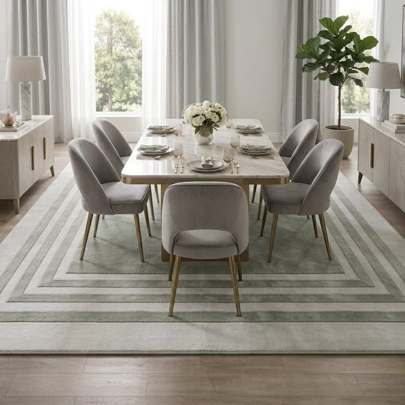 Puede incluir: Una mesa de comedor rectangular con tablero de m&aacute;rmol blanco y patas de metal dorado, rodeada de seis sillas tapizadas en terciopelo gris con patas doradas. La mesa est&aacute; puesta con platos blancos, vasos y un arreglo floral blanco.