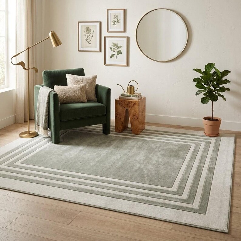 Puede incluir: Una alfombra rectangular que presenta un dise&ntilde;o de borde de varias capas en tonos verde salvia y crema. La alfombra tiene un rect&aacute;ngulo central verde salvia rodeado por marcos rectangulares conc&eacute;ntricos en tonos alternos crema y verde salvia.
