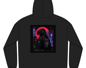 Cyberpunk Samurai Hoodie | Neon Stadt, roter Mond, futuristische Jacke